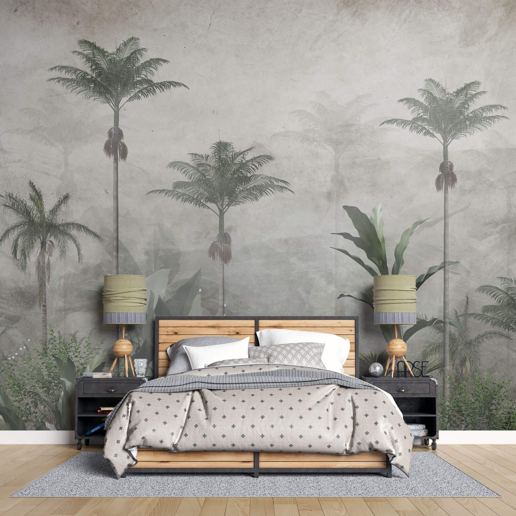Tapet personalizat Tropical cu palmieri inalti si flori de margaritar - PEARL RAINFOREST