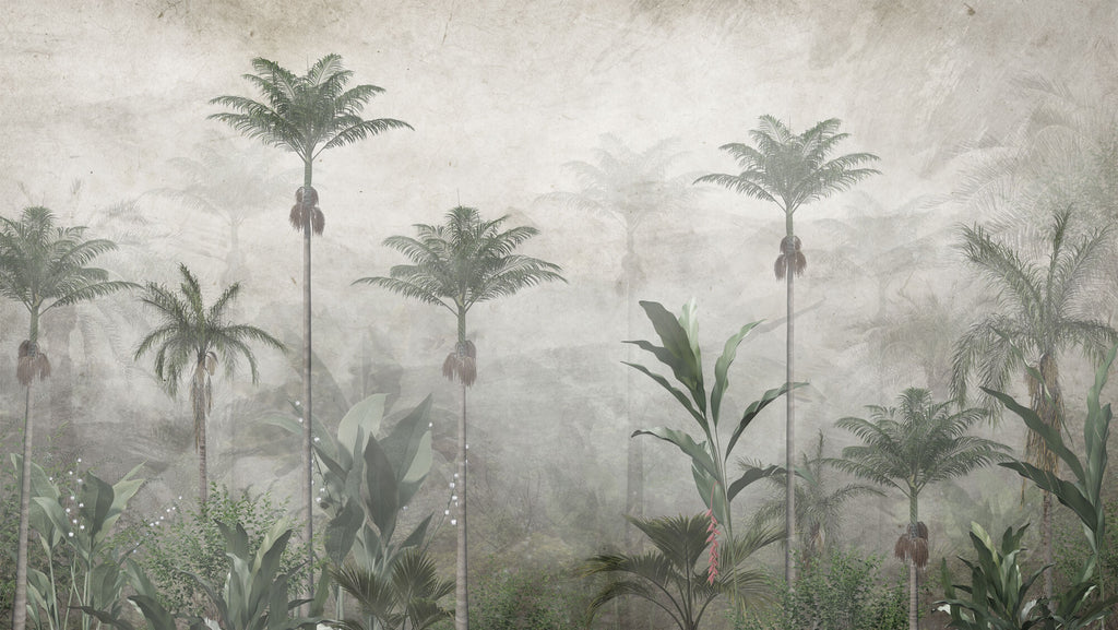 Tapet personalizat Tropical cu palmieri inalti si flori de margaritar - PEARL RAINFOREST