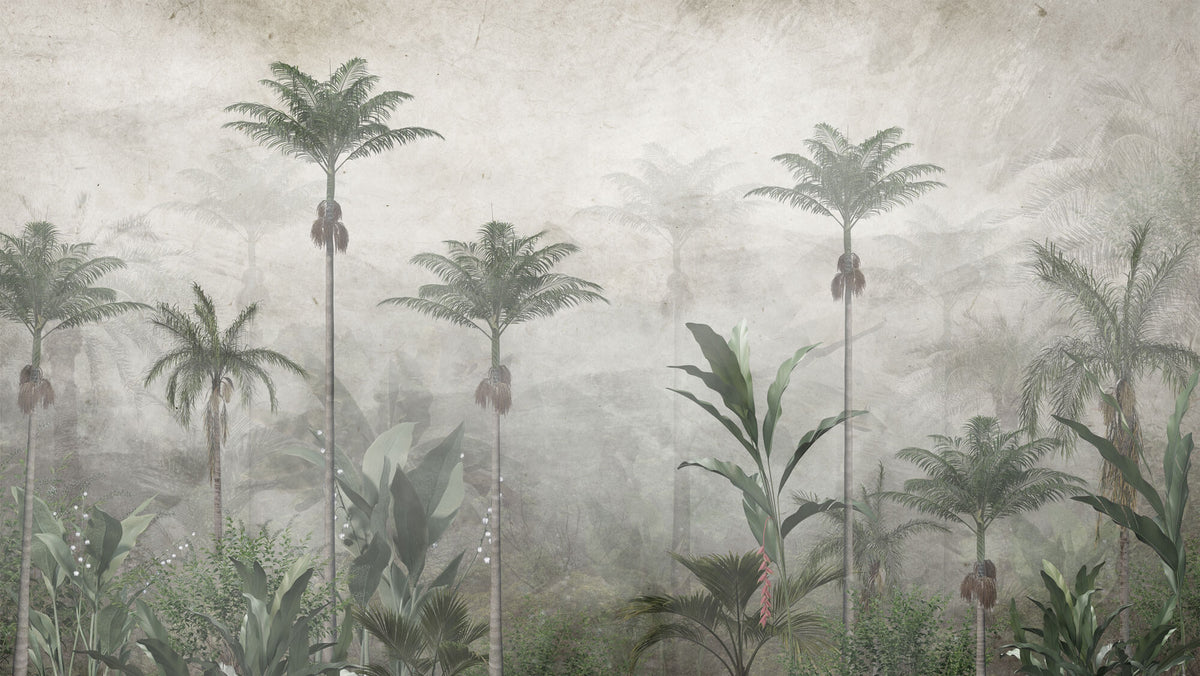 Tapet personalizat Tropical cu palmieri inalti si flori de margaritar - PEARL RAINFOREST