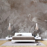 Tapet personalizat Tropical cu frunze tropicale si flamingo in nuante maronii - SEPIA TROPICAL FLAMINGO
