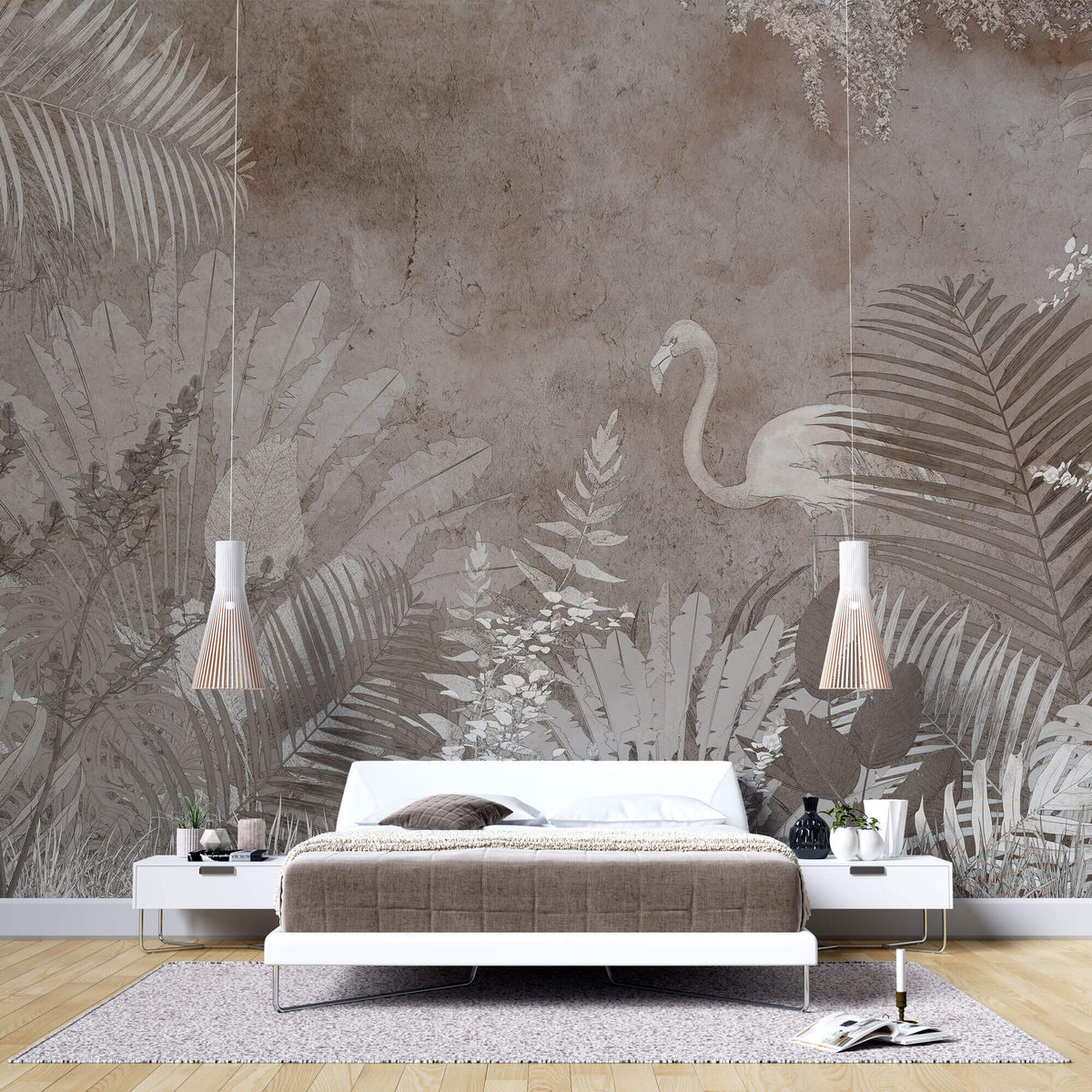 Tapet personalizat Tropical cu frunze tropicale si flamingo in nuante maronii - SEPIA TROPICAL FLAMINGO