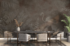 Tapet personalizat Tropical cu frunze tropicale si flamingo in nuante maronii - SEPIA TROPICAL FLAMINGO