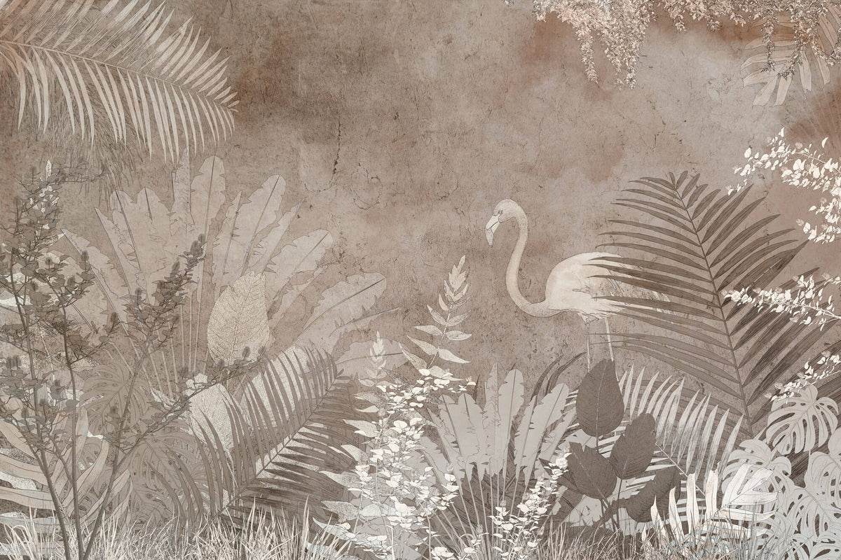 Tapet personalizat Tropical cu frunze tropicale si flamingo in nuante maronii - SEPIA TROPICAL FLAMINGO