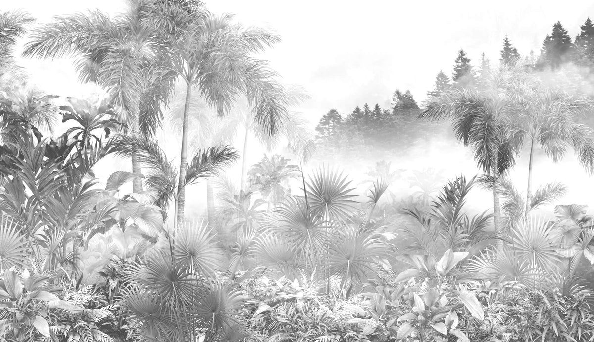 Tapet personalizat Tropical cu peisaj tropical in nuante de gri - GREYSCALE TROPICAL FOG I