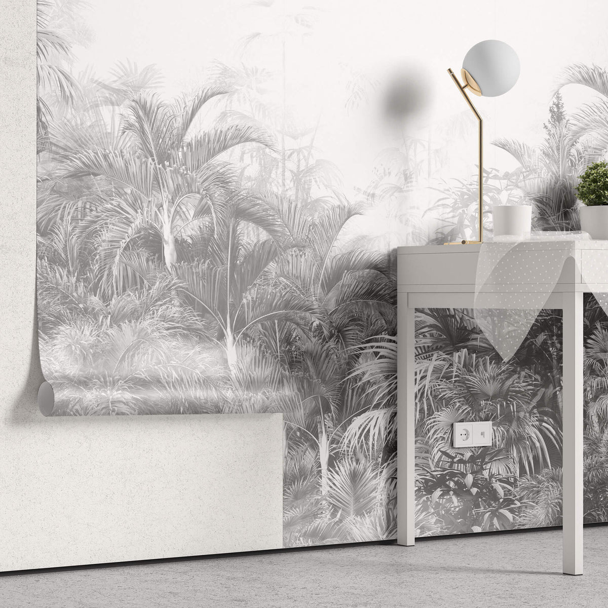 Tapet personalizat Tropical cu palmieri in nuante de gri - GREYSCALE TROPICAL FOG II