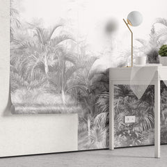 Tapet personalizat Tropical cu palmieri in nuante de gri - GREYSCALE TROPICAL FOG II