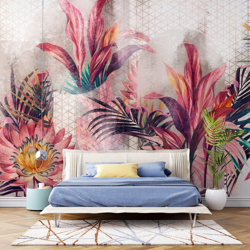 Tapet personalizat Tropical cu flori si plante tropicale roz - TROPICAL PINK ARCHES