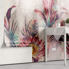Tapet personalizat Tropical cu flori si plante tropicale roz - TROPICAL PINK ARCHES