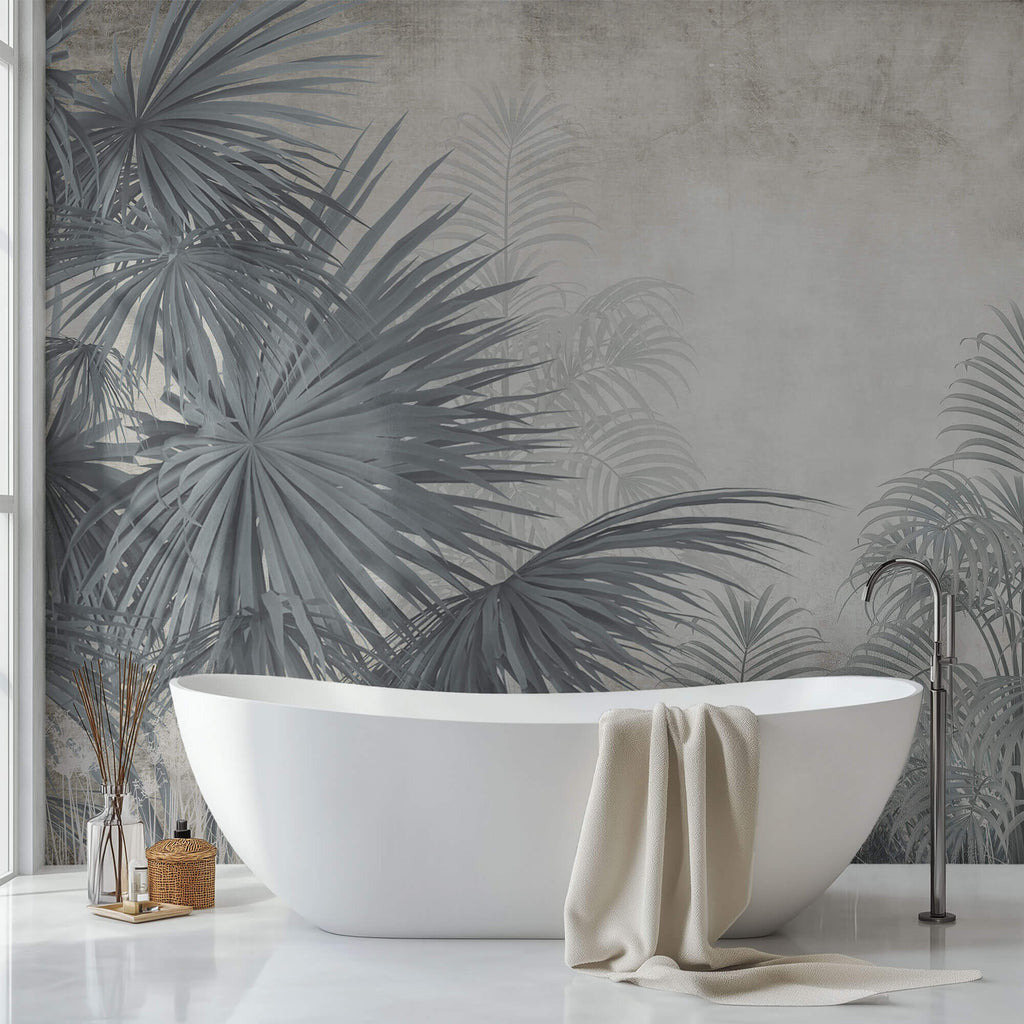 Tapet personalizat Tropical cu plante tropicale in nuante vernil gi - FADED SAGE PALMS
