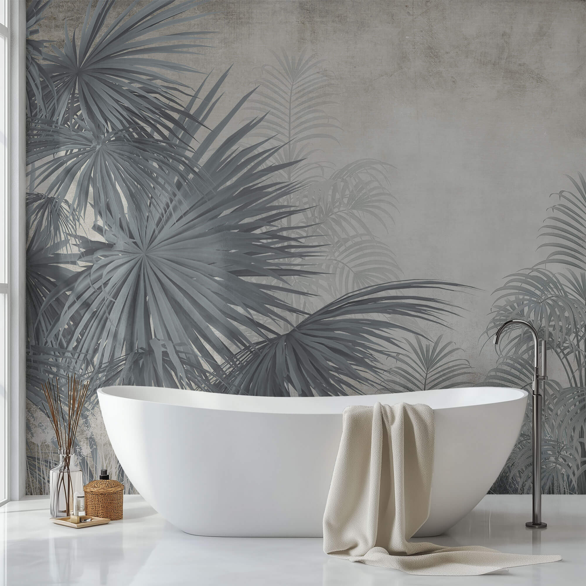 Tapet personalizat Tropical cu plante tropicale in nuante vernil gi - FADED SAGE PALMS