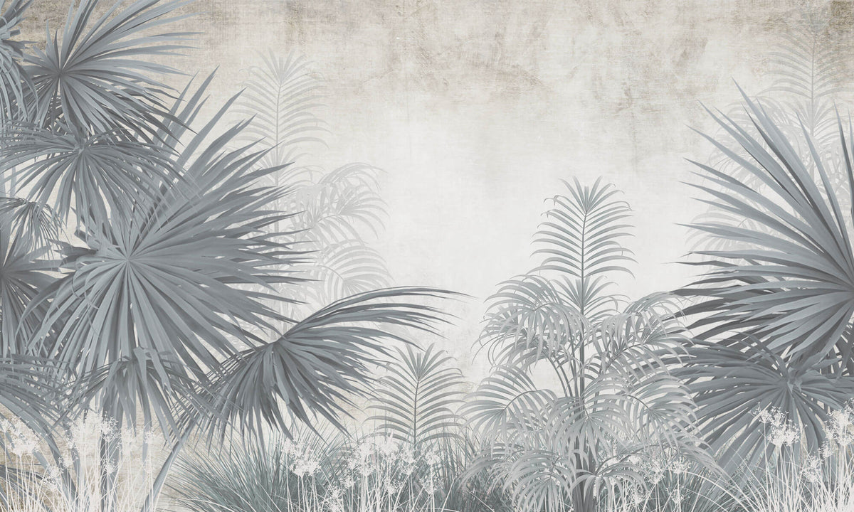 Tapet personalizat Tropical cu plante tropicale in nuante vernil gi - FADED SAGE PALMS
