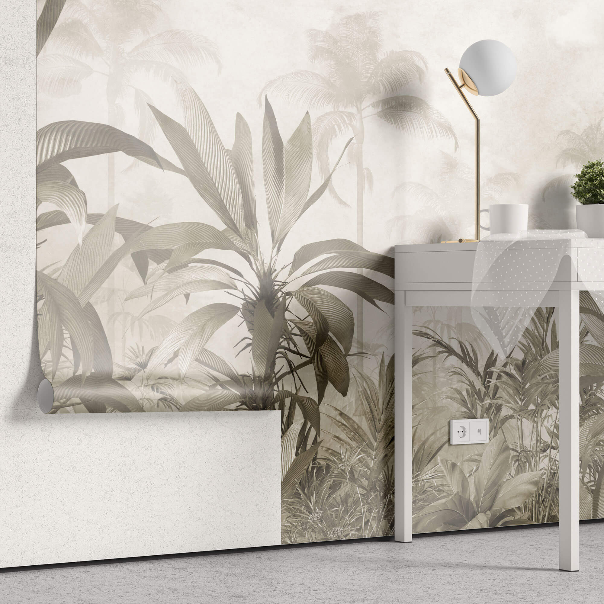 Tapet personalizat Tropical cu peisaj tropical in nuante sepia - FOGGY SEPIA JUNGLE