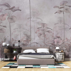 Tapet personalizat Tropical cu palmieri in nuante de roz si gri - PINK ACCENT PALMS