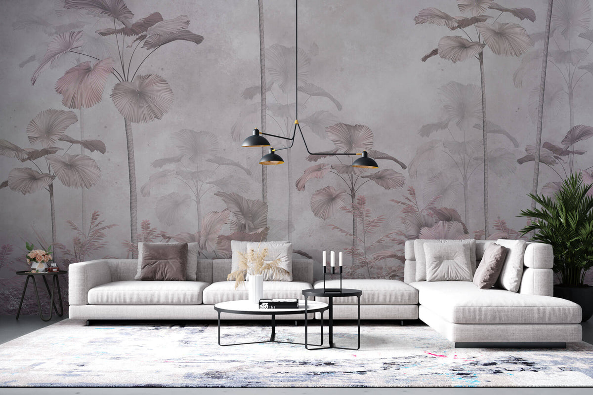 Tapet personalizat Tropical cu palmieri in nuante de roz si gri - PINK ACCENT PALMS