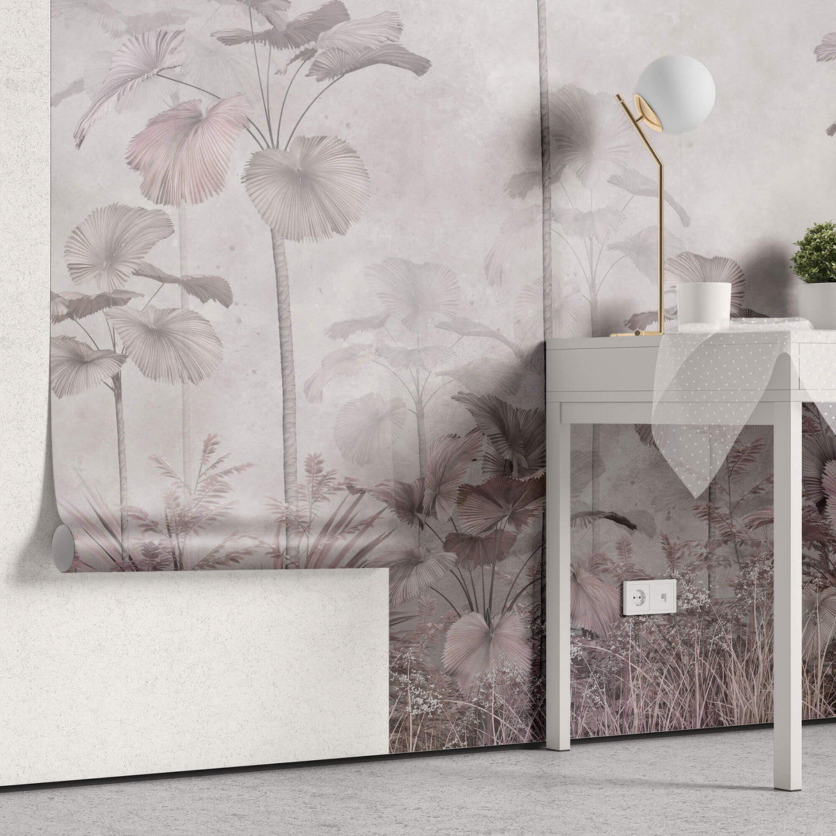 Tapet personalizat Tropical cu palmieri in nuante de roz si gri - PINK ACCENT PALMS