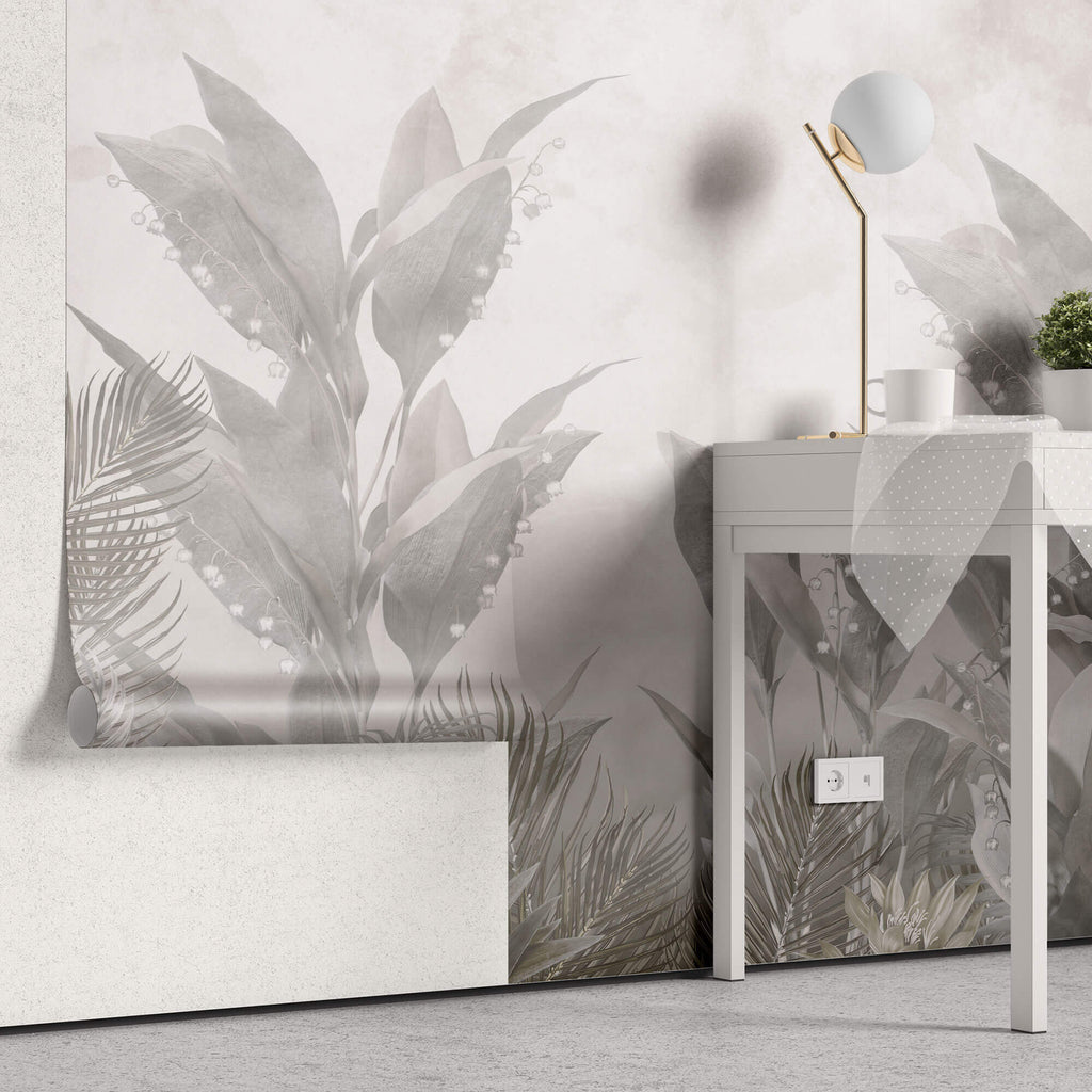 Tapet personalizat Tropical cu plante gri si flori de margaritar - TROPICAL LILY OF THE VALLEY