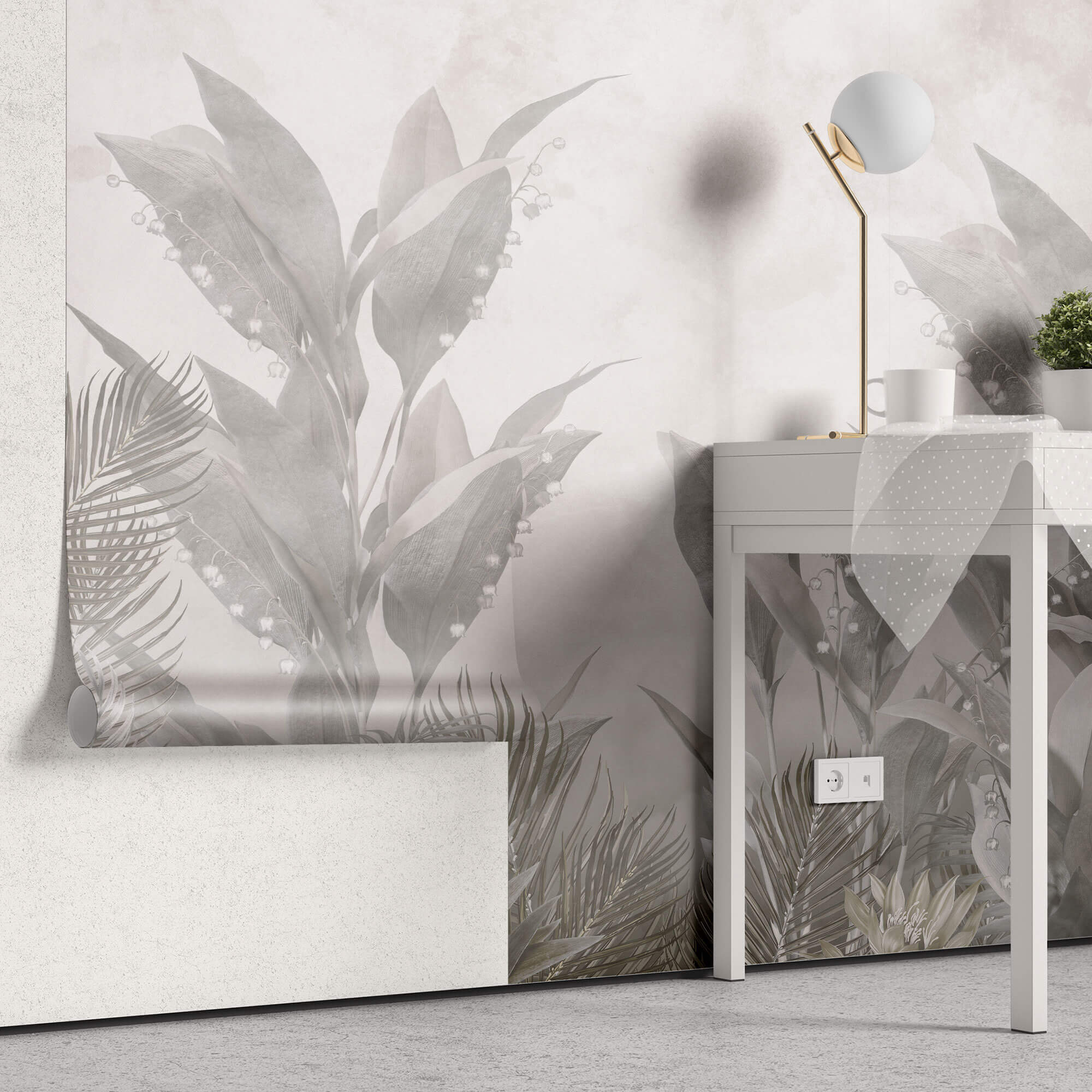 Tapet personalizat Tropical cu plante gri si flori de margaritar - TROPICAL LILY OF THE VALLEY