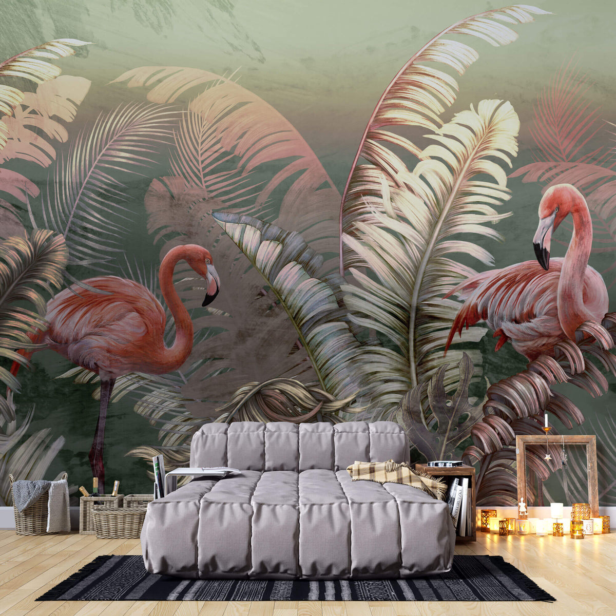 Tapet personalizat Tropical cu palmieri si flamingo roz - GREEN TROPIC FLAMINGO