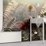 Tapet personalizat Tropical cu palmieri si flamingo roz - GREEN TROPIC FLAMINGO