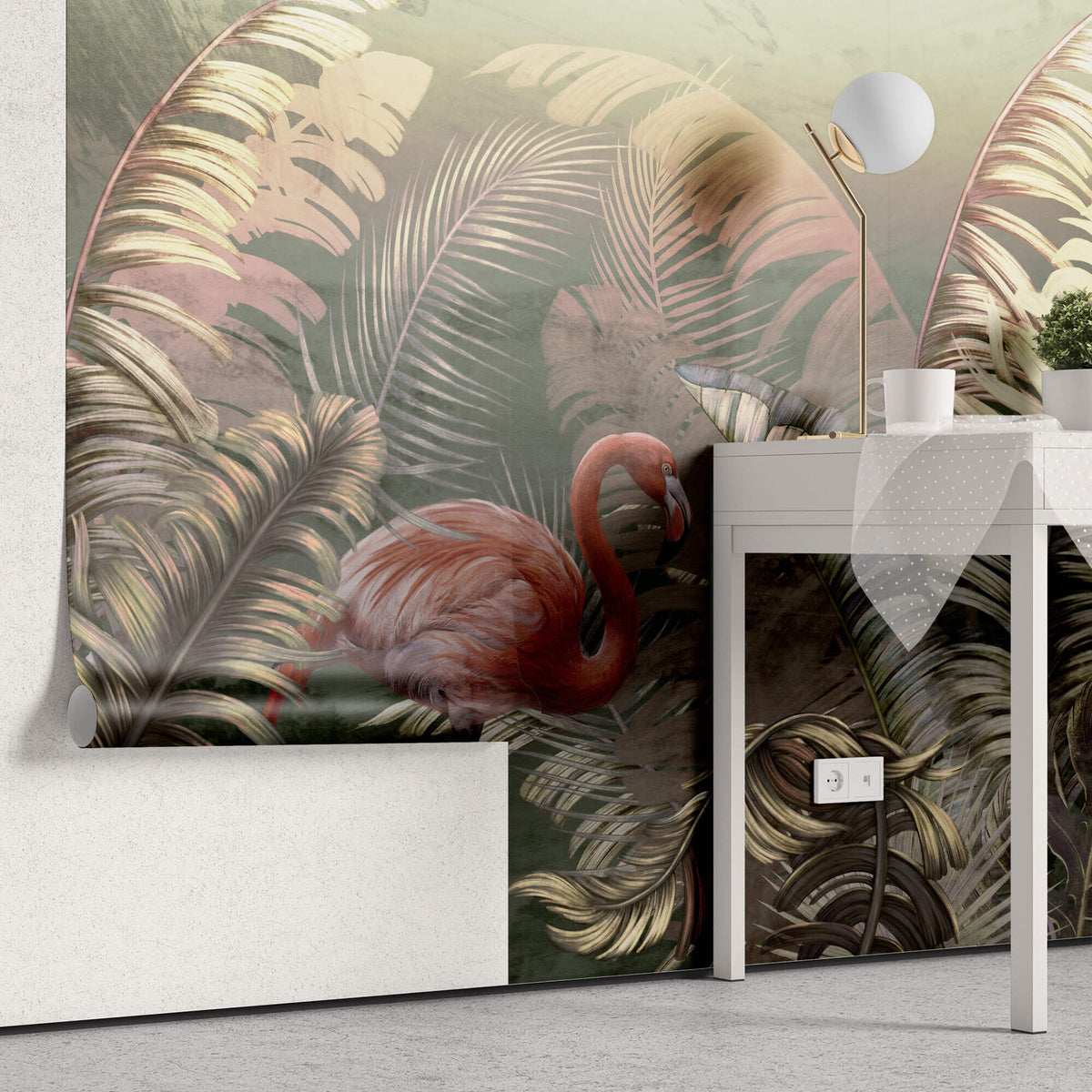 Tapet personalizat Tropical cu palmieri si flamingo roz - GREEN TROPIC FLAMINGO