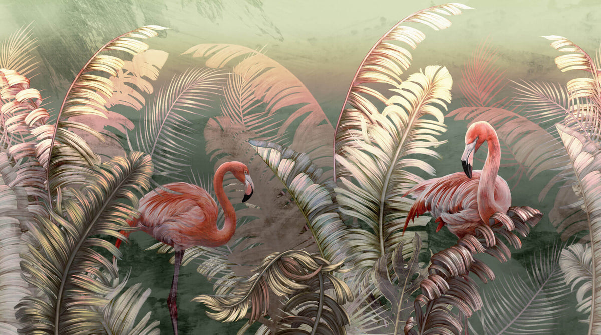Tapet personalizat Tropical cu palmieri si flamingo roz - GREEN TROPIC FLAMINGO