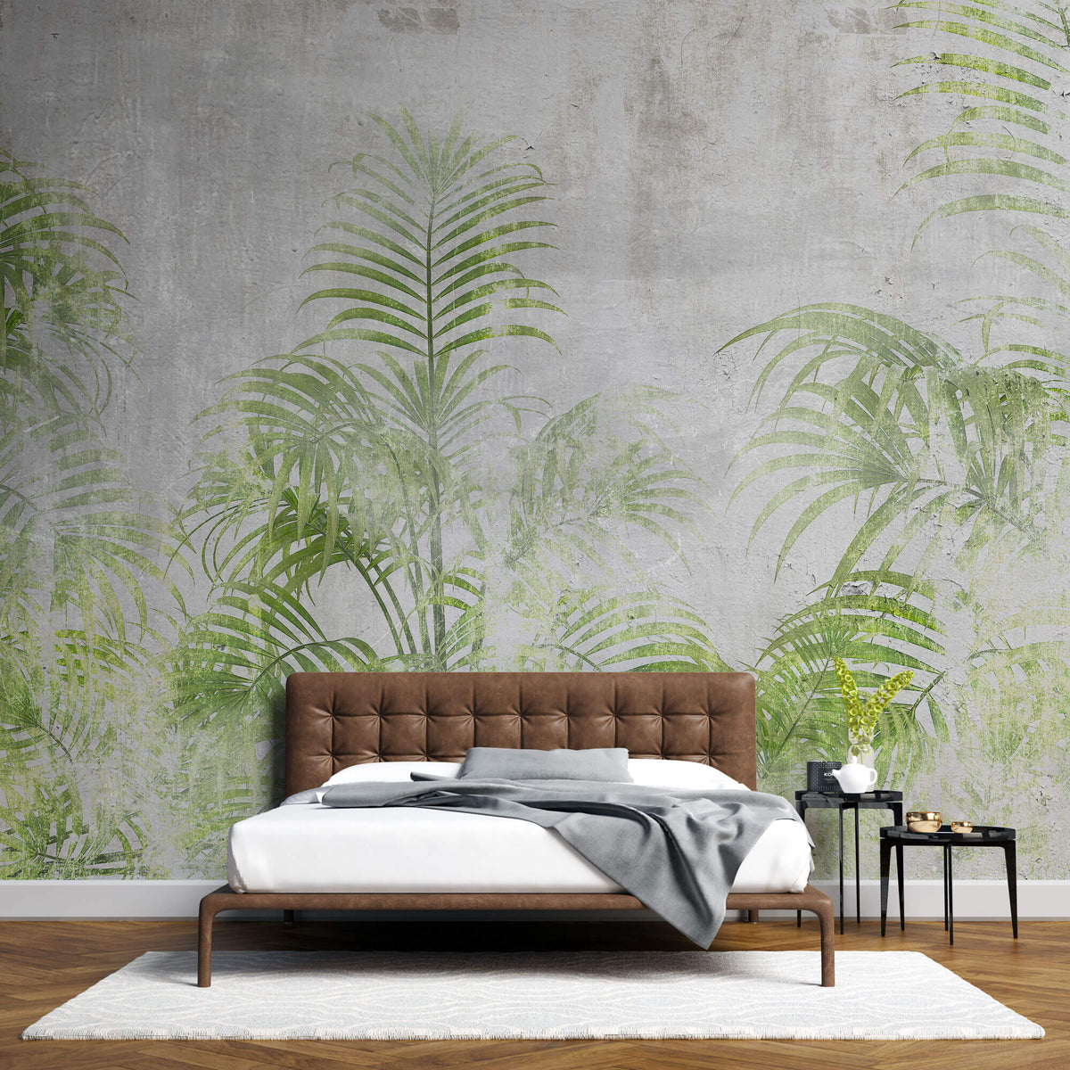Tapet personalizat Tropical cu palmieri verzi pe un fundal gri texturat - CEMENT GREEN PALMS