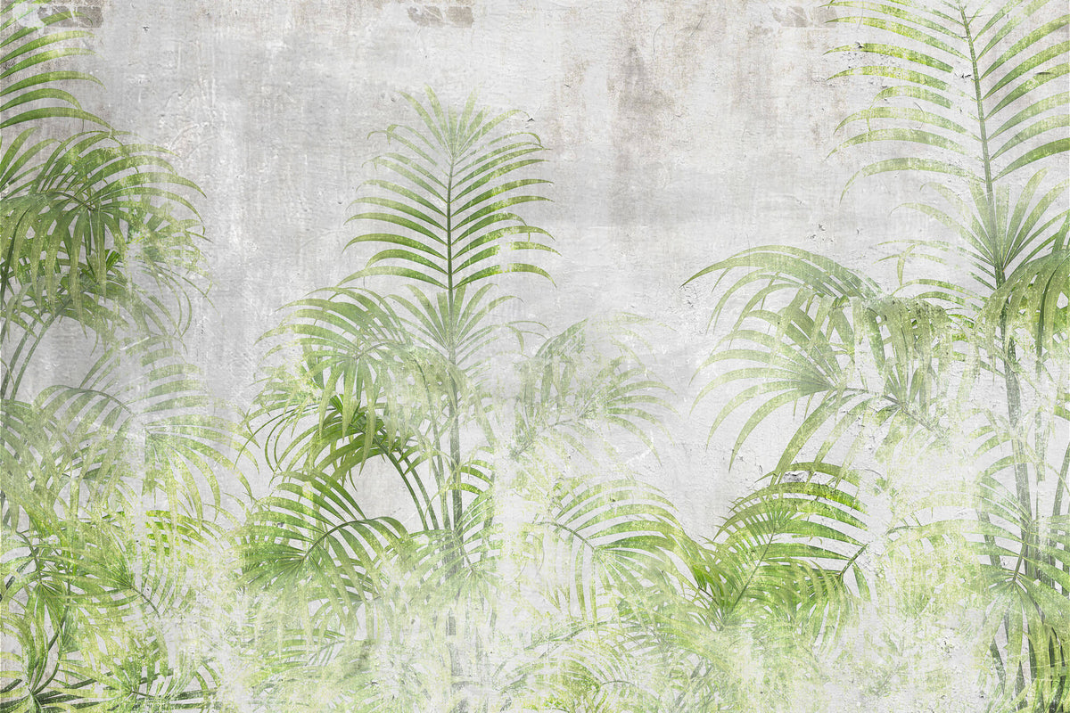 Tapet personalizat Tropical cu palmieri verzi pe un fundal gri texturat - CEMENT GREEN PALMS