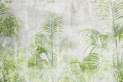 Tapet personalizat Tropical cu palmieri verzi pe un fundal gri texturat - CEMENT GREEN PALMS