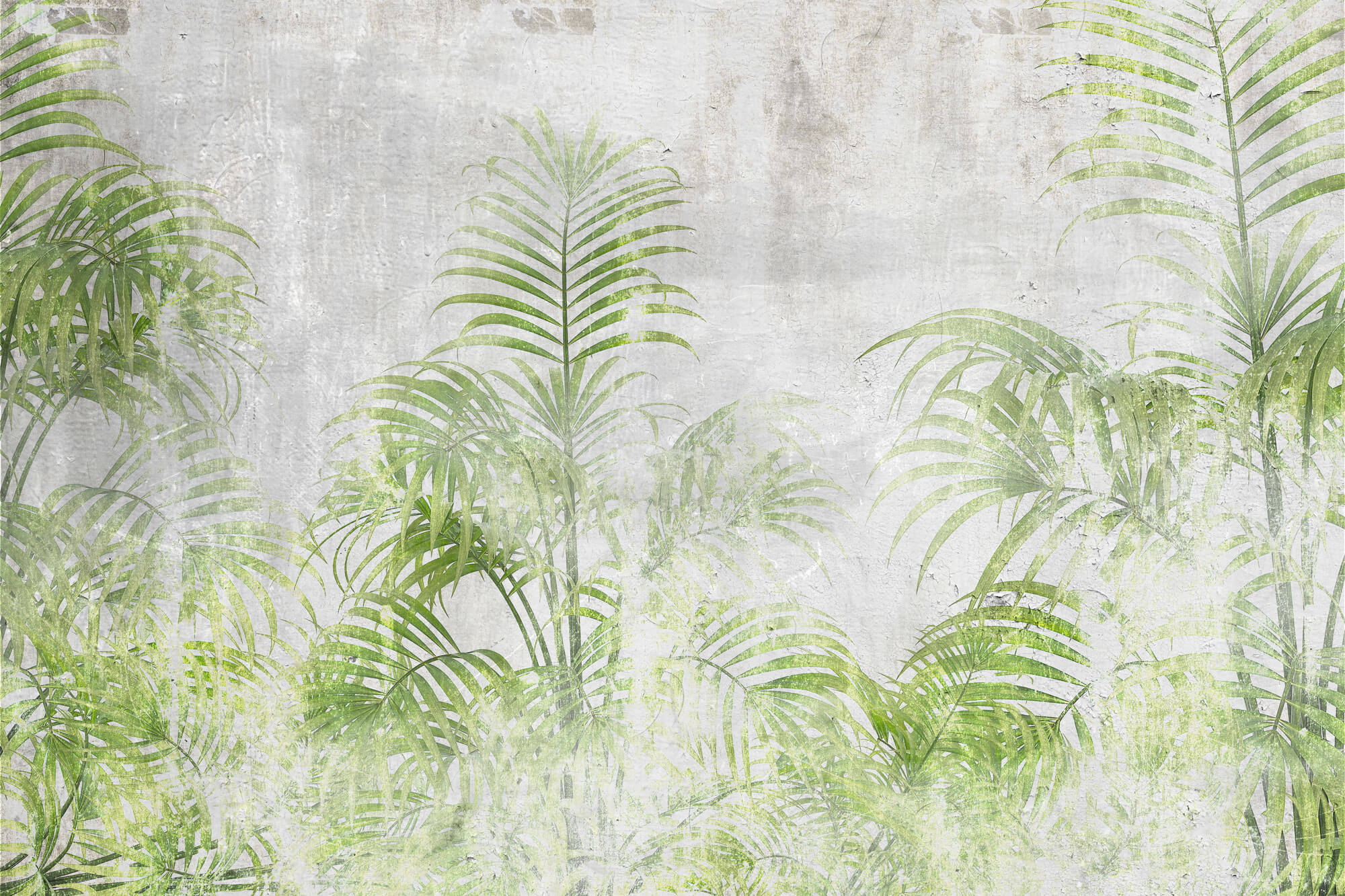 Tapet personalizat Tropical cu palmieri verzi pe un fundal gri texturat - CEMENT GREEN PALMS