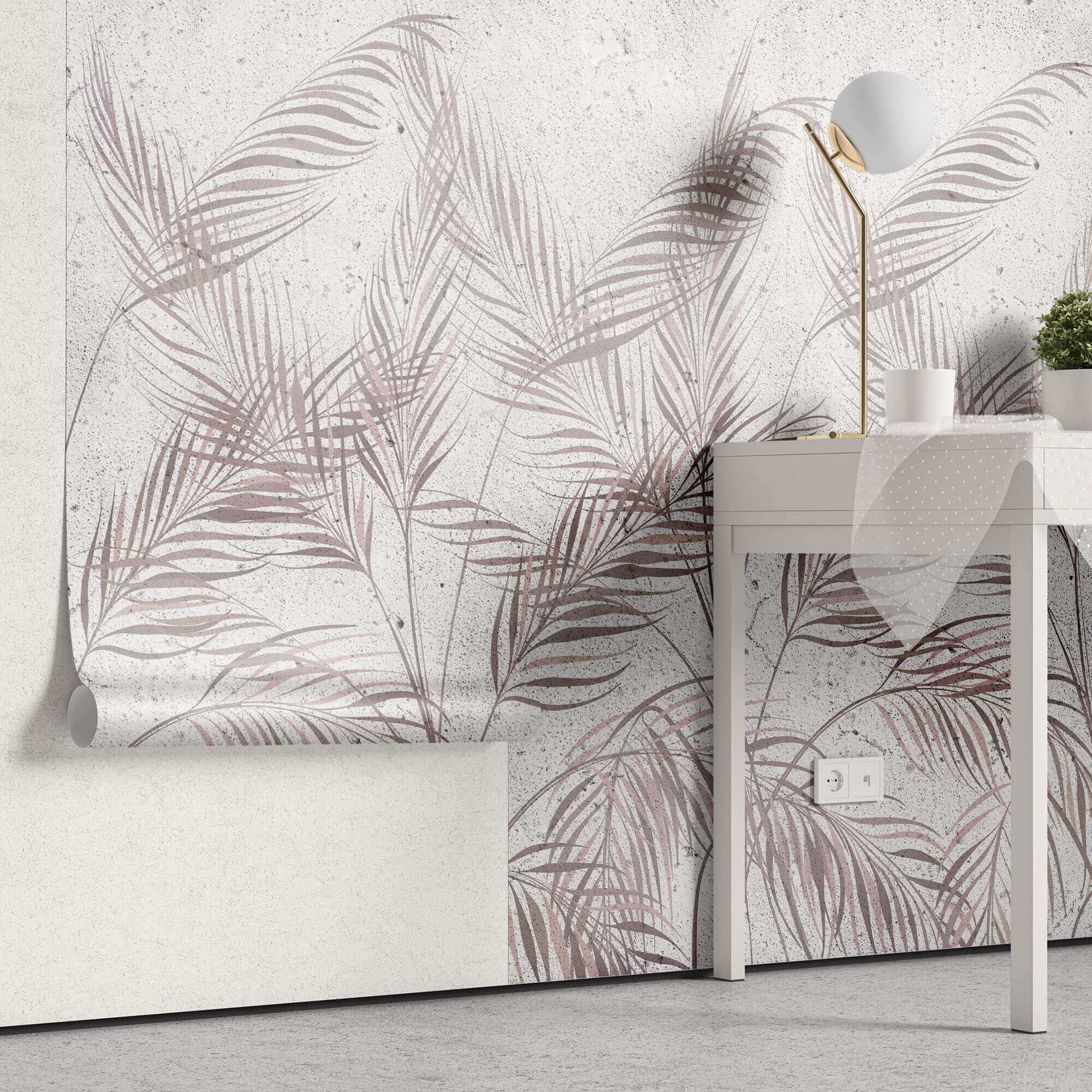 Tapet personalizat Tropical cu frunze de palmier roz si fundal texturat de ciment - DECORATIVE WALL PALMS
