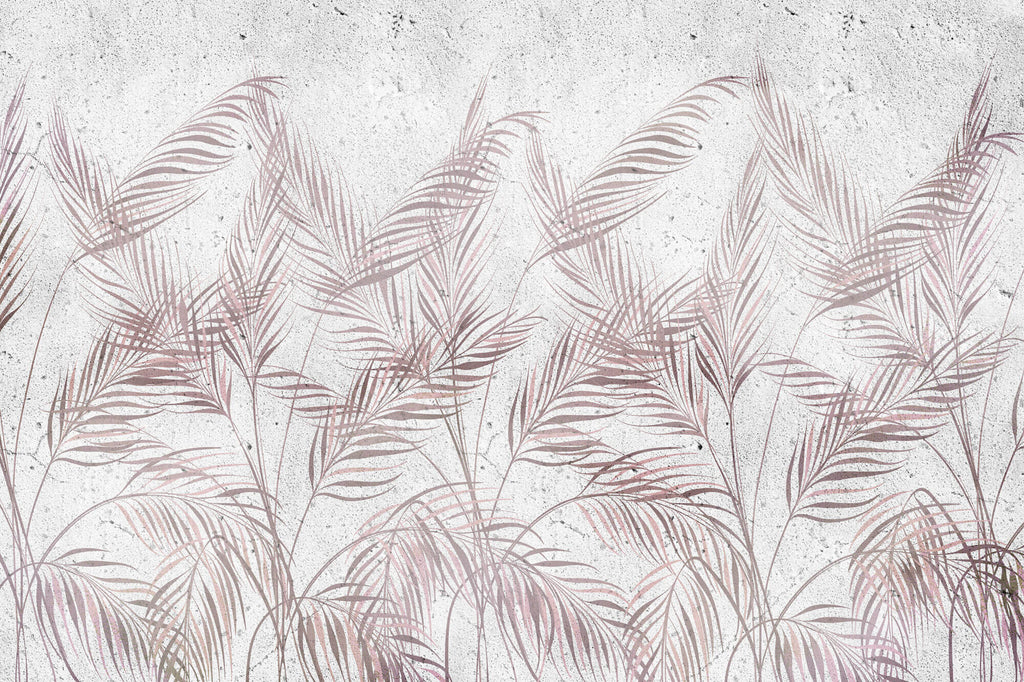 Tapet personalizat Tropical cu frunze de palmier roz si fundal texturat de ciment - DECORATIVE WALL PALMS
