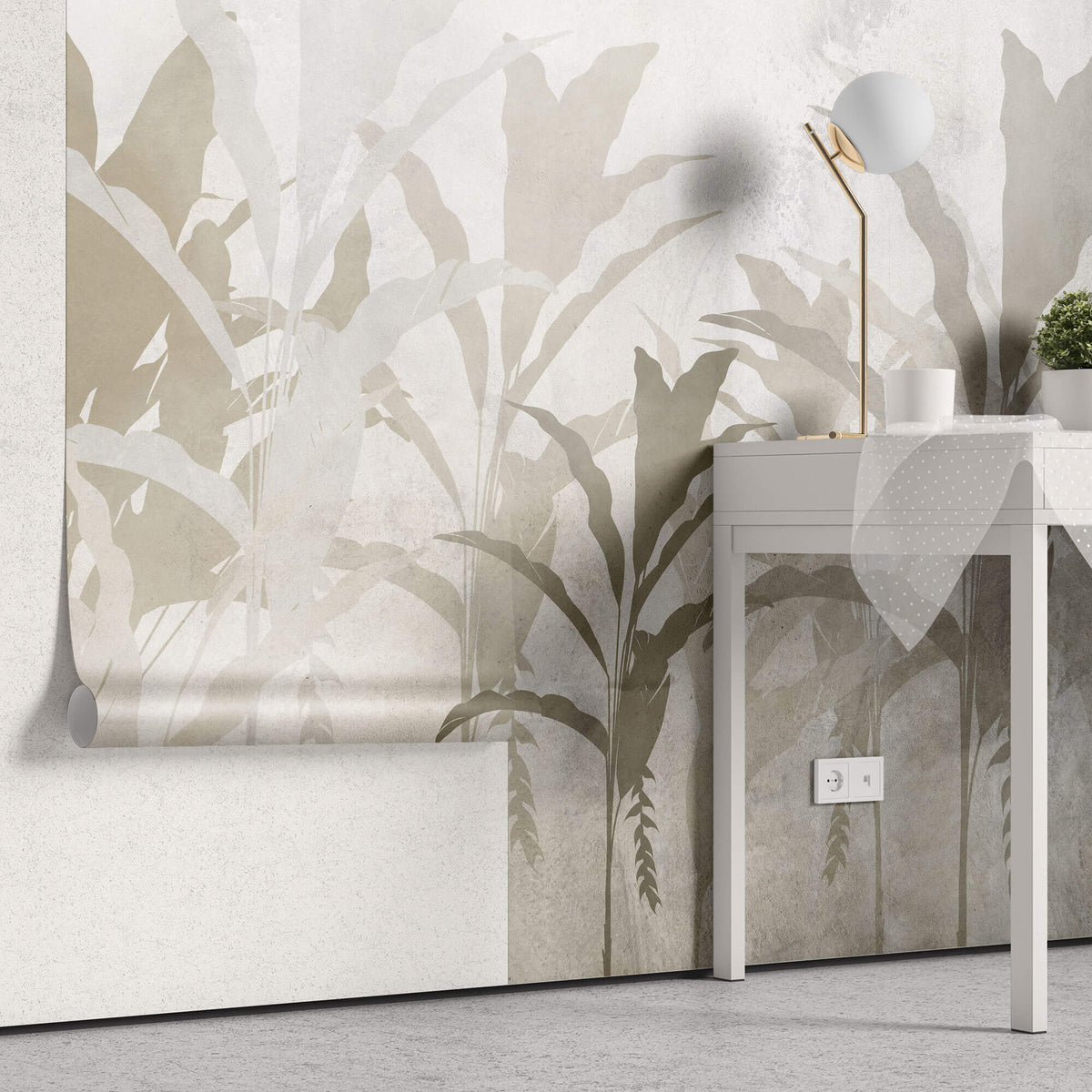 Tapet personalizat Tropical cu frunze de bananier bej - CONCRETE ABSTRACT JUNGLE