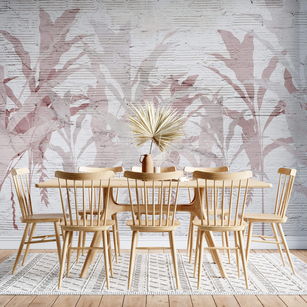 Tapet personalizat Tropical cu frunze de bananier roz pe un fundal texutrat de plaster - PLASTER ABSTRACT JUNGLE