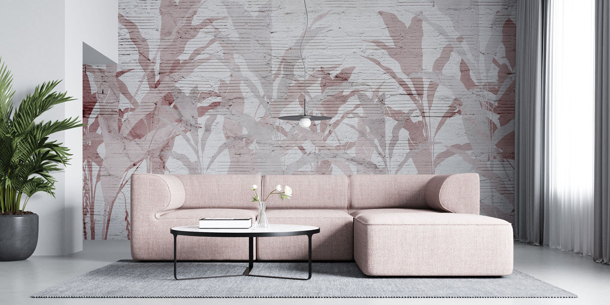 Tapet personalizat Tropical cu frunze de bananier roz pe un fundal texutrat de plaster - PLASTER ABSTRACT JUNGLE