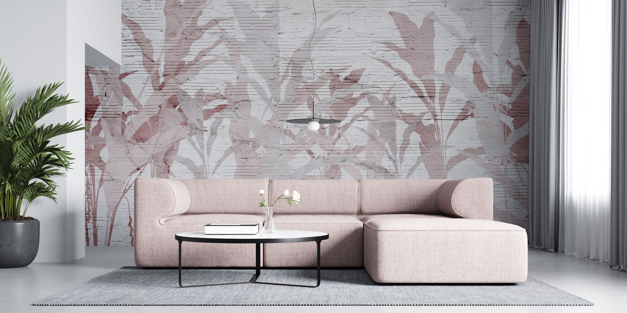 Tapet personalizat Tropical cu frunze de bananier roz pe un fundal texutrat de plaster - PLASTER ABSTRACT JUNGLE