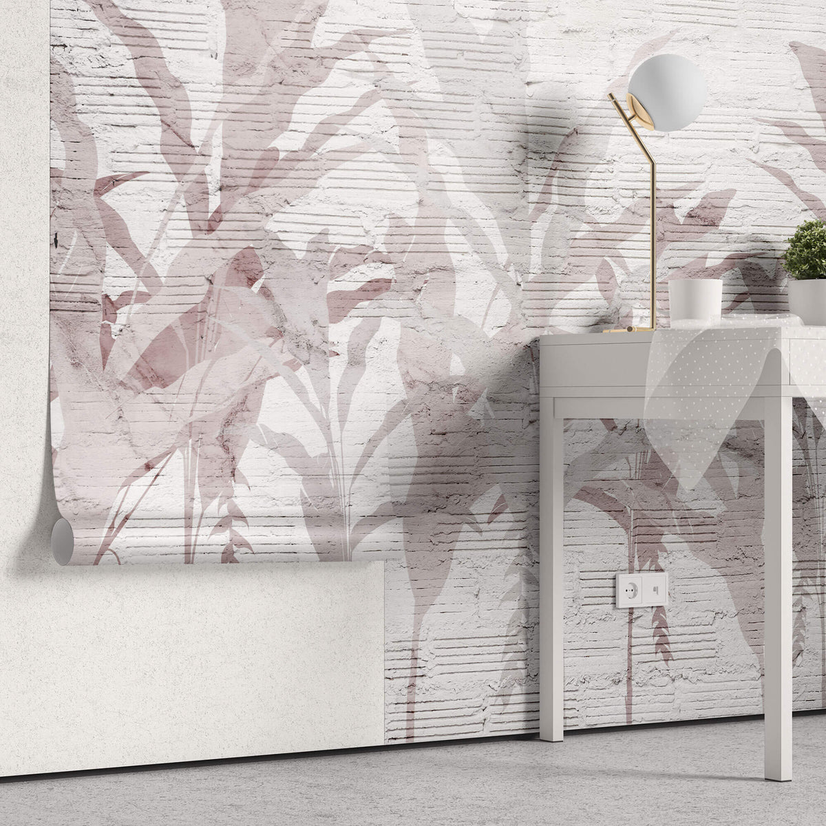 Tapet personalizat Tropical cu frunze de bananier roz pe un fundal texutrat de plaster - PLASTER ABSTRACT JUNGLE