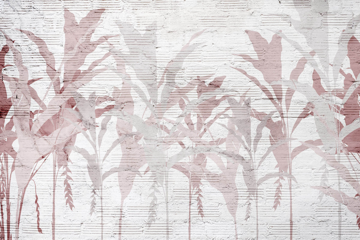 Tapet personalizat Tropical cu frunze de bananier roz pe un fundal texutrat de plaster - PLASTER ABSTRACT JUNGLE