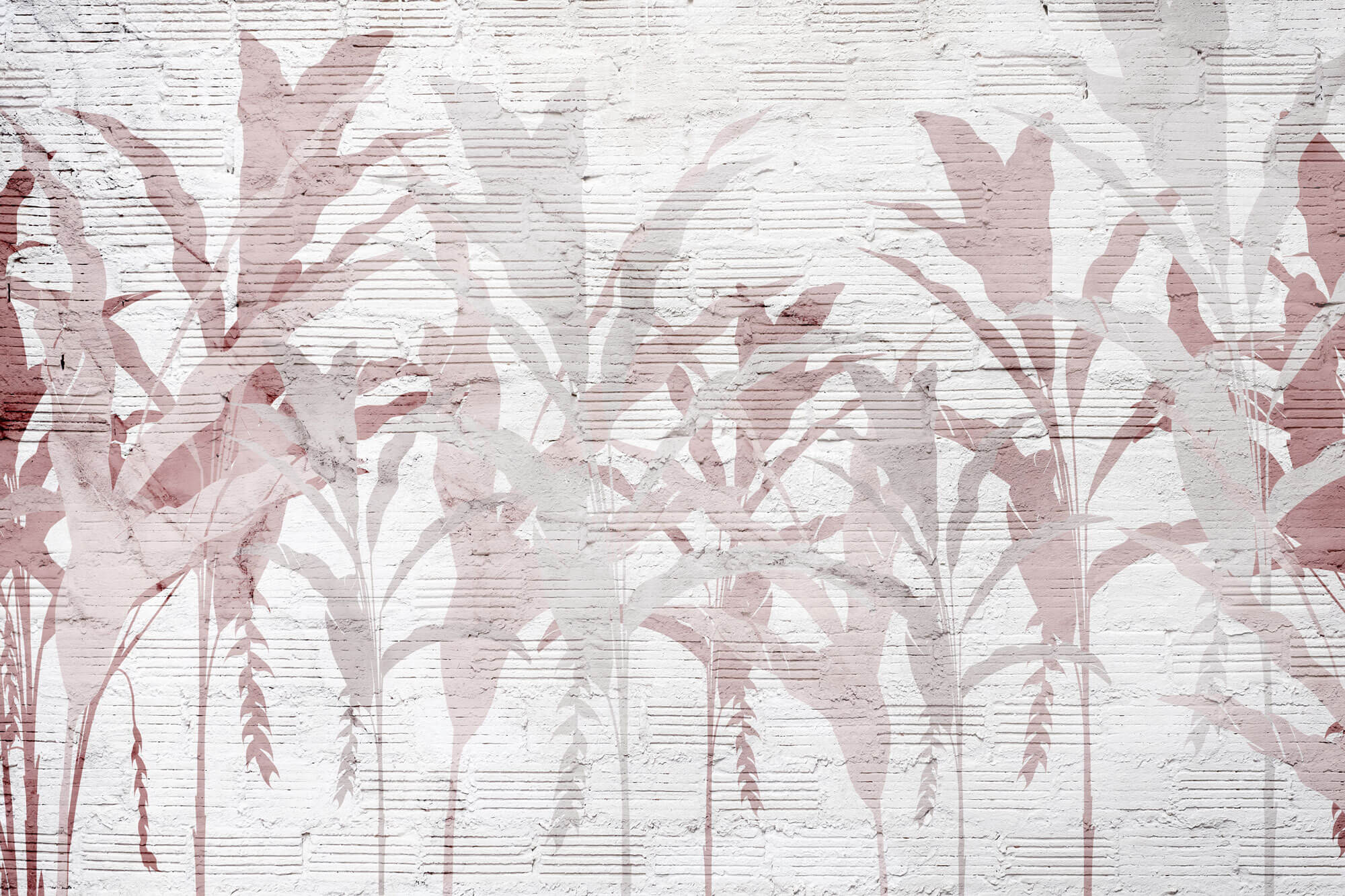 Tapet personalizat Tropical cu frunze de bananier roz pe un fundal texutrat de plaster - PLASTER ABSTRACT JUNGLE