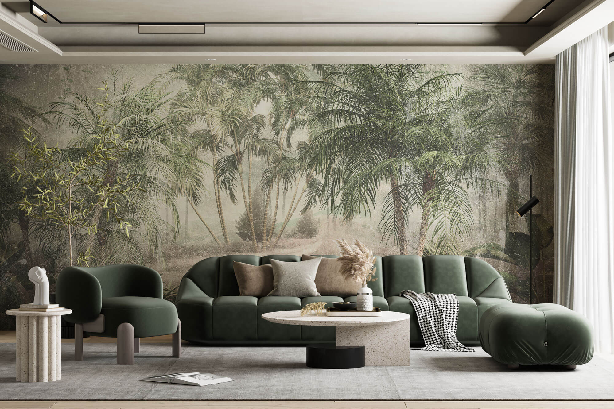 Tapet personalizat Tropical cu palmieri pe un fundal de perete cimentat - VINTAGE TROPICAL