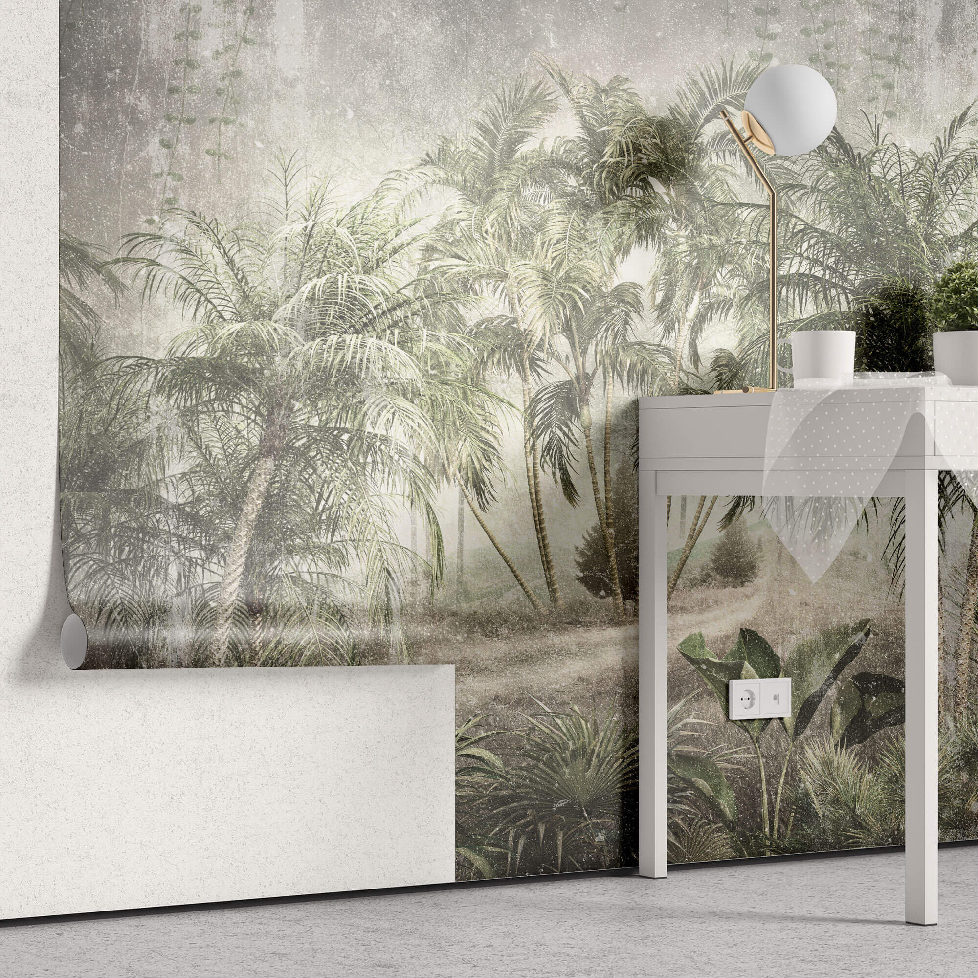 Tapet personalizat Tropical cu palmieri pe un fundal de perete cimentat - VINTAGE TROPICAL