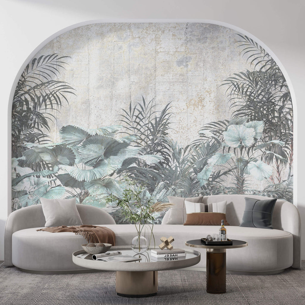 Tapet personalizat Tropical cu plante tropicale pe un fundal de perete cimentat - CONCRETE WALL VEGETATION