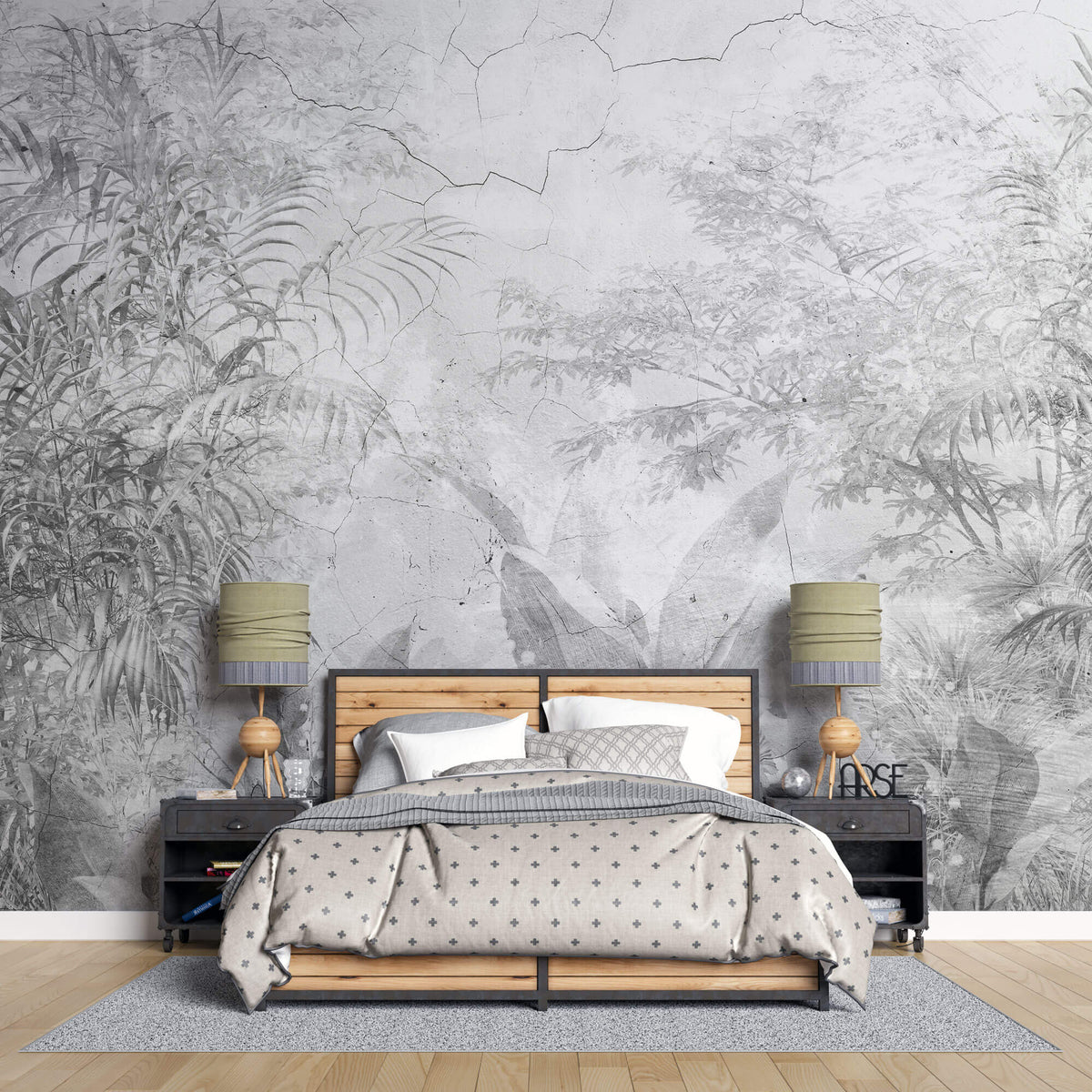 Tapet personalizat Tropical cu plante tropicale pe un funal de perete gri crapat - CRACKED WALL JUNGLE