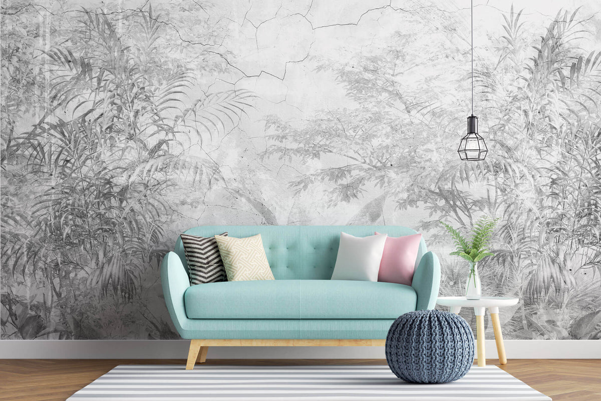 Tapet personalizat Tropical cu plante tropicale pe un funal de perete gri crapat - CRACKED WALL JUNGLE