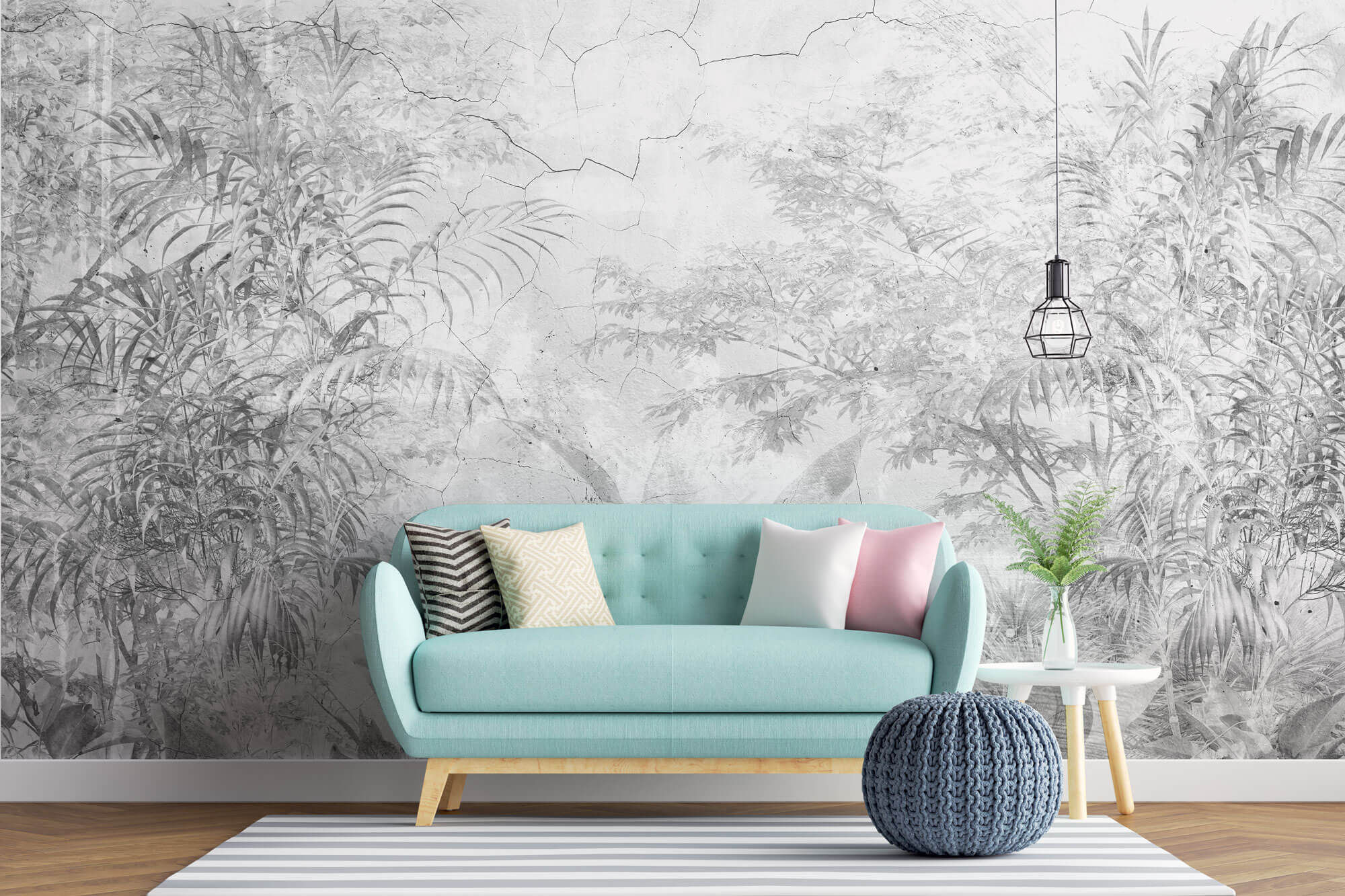 Tapet personalizat Tropical cu plante tropicale pe un funal de perete gri crapat - CRACKED WALL JUNGLE