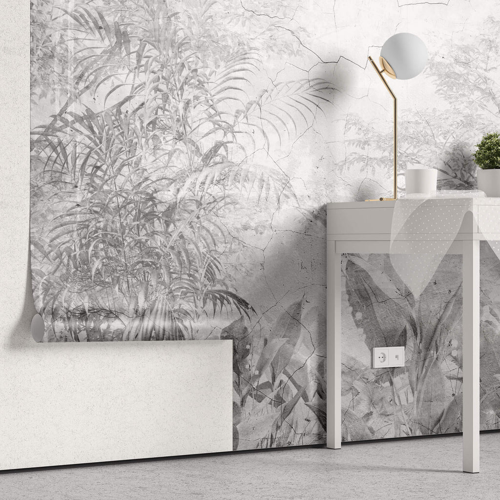 Tapet personalizat Tropical cu plante tropicale pe un funal de perete gri crapat - CRACKED WALL JUNGLE