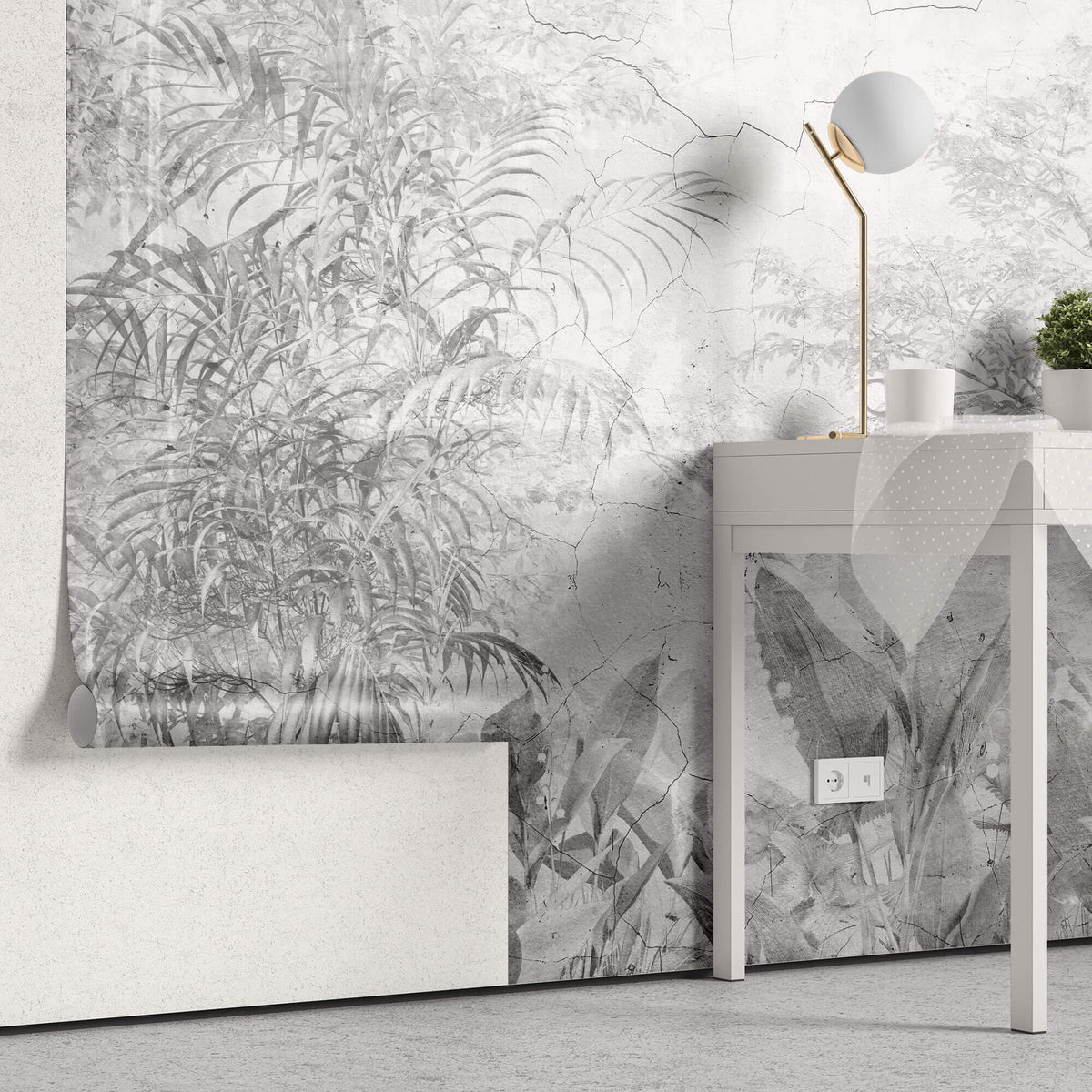 Tapet personalizat Tropical cu plante tropicale pe un funal de perete gri crapat - CRACKED WALL JUNGLE