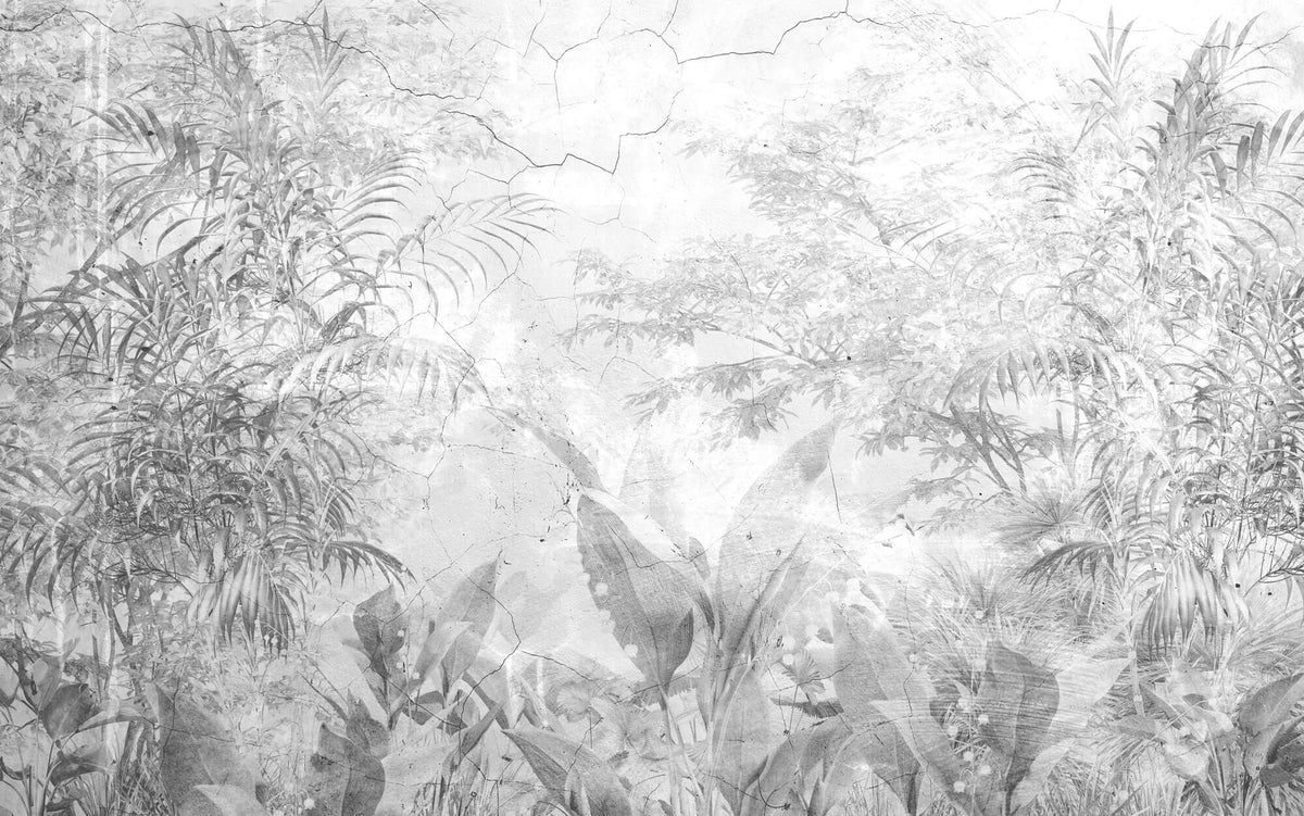 Tapet personalizat Tropical cu plante tropicale pe un funal de perete gri crapat - CRACKED WALL JUNGLE