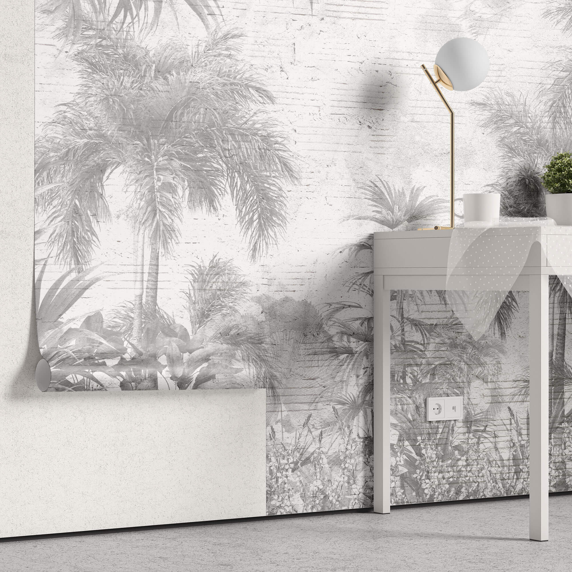 Tapet personalizat Tropical cu plante tropicale pe un perete cu textura de plaster gri - PLASTER STRIPED JUNGLE