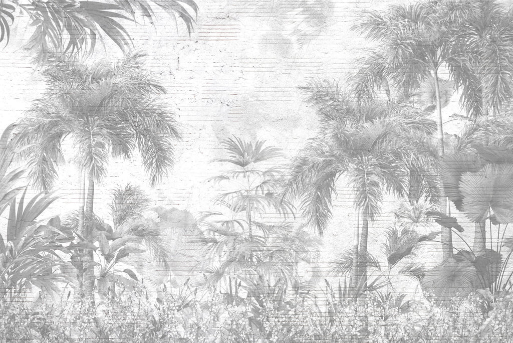 Tapet personalizat Tropical cu plante tropicale pe un perete cu textura de plaster gri - PLASTER STRIPED JUNGLE