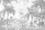 Tapet personalizat Tropical cu plante tropicale pe un perete cu textura de plaster gri - PLASTER STRIPED JUNGLE